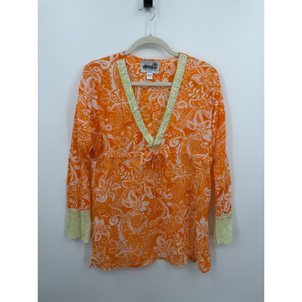 Hiho Paisley Print V-Neck Tunic Top Womens Medium Orange Cotton Tie Waist Boho